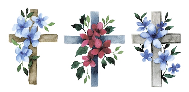 Acuarela, dibujo, cruz cristiana, con, flores, símbolo religioso, fiesta de pascua