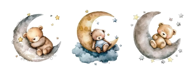 Acuarela dibujo a mano ilustración oso de peluche marrón durmiendo en la luna