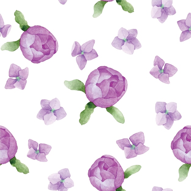 Acuarela dibujo patrón sin costuras con capullos de peonía violeta y flores de hortensia en un blanco