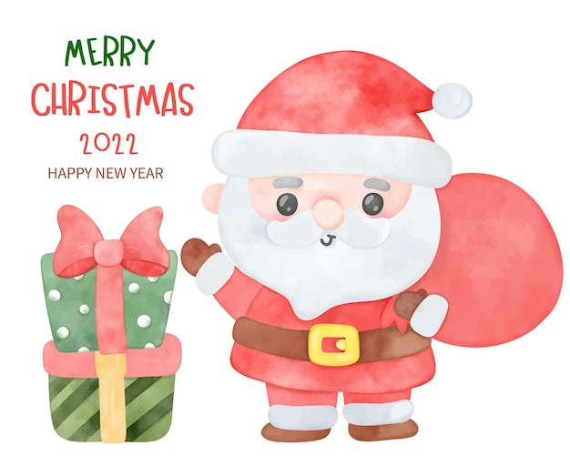 Vector acuarela de dibujos animados de papá noel día de navidad con carácter de regalo kawaii