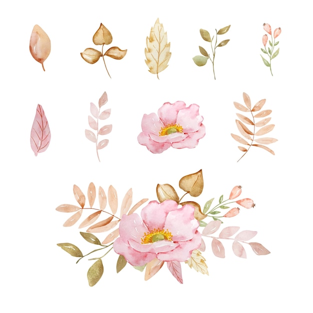 Acuarela elegante ramo de flores y hojas de otoño estilo boho