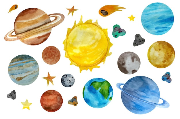 Acuarela espacio clipart sistema solar planetas espacio tierra luna júpiter plutón