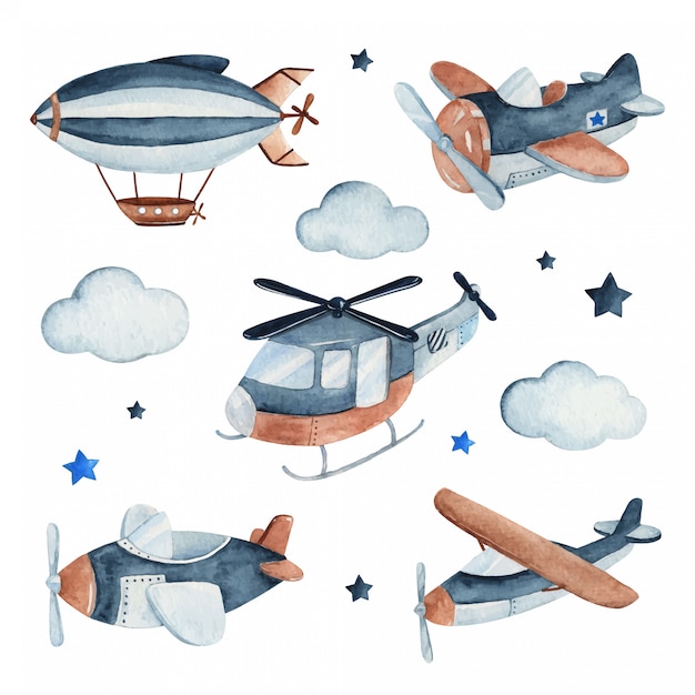 Acuarela establece ilustración de una linda y adorable nave aérea completa con aviones, helicópteros y zepelines.