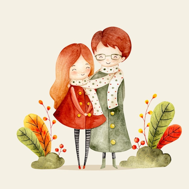 Acuarela feliz pareja con hojas