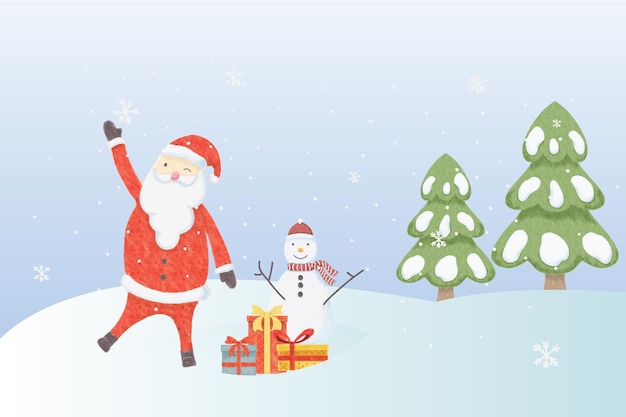 Acuarela feliz santa y el muñeco de nieve feliz navidad fondo
