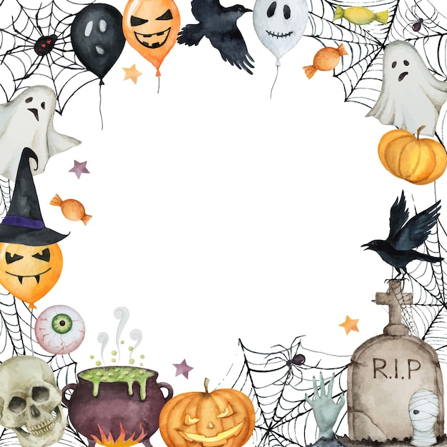 Acuarela Feliz tarjeta de Halloween aislado sobre un fondo blanco.