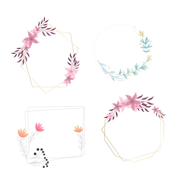 Acuarela floral con colección de marcos dorados