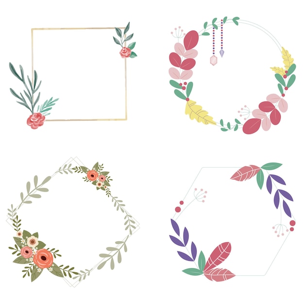 Acuarela floral con colección de marcos dorados