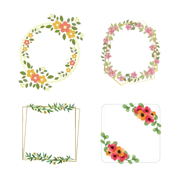 Acuarela floral con colección de marcos dorados