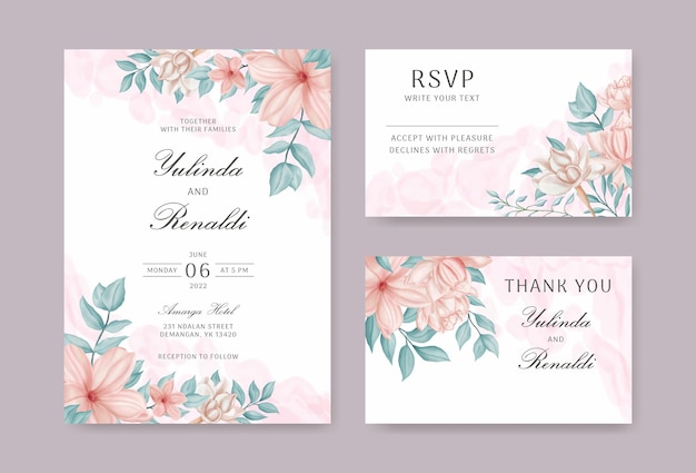 acuarela floral y hojas conjunto de tarjeta de invitación de boda