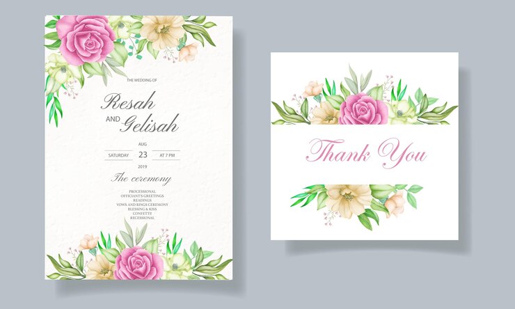 acuarela floral y hojas tarjeta de invitación de boda