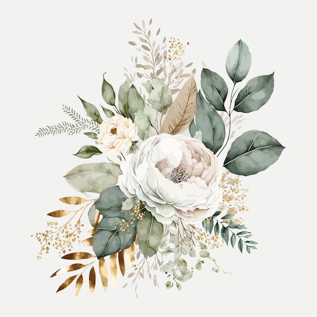 Acuarela floral ilustración ramo flores blancas rosa peonía hoja verde y oro colección de ramas Plantilla de elementos decorativos Ilustración de dibujos animados plana aislada sobre fondo blanco