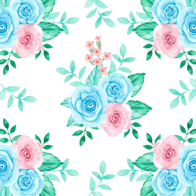 Vector acuarela floral rosa y azul rosas de patrones sin fisuras