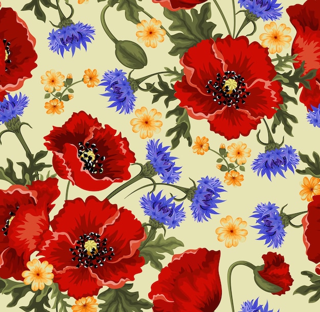 Acuarela Flores rojas Fondo Vector de patrón sin costuras