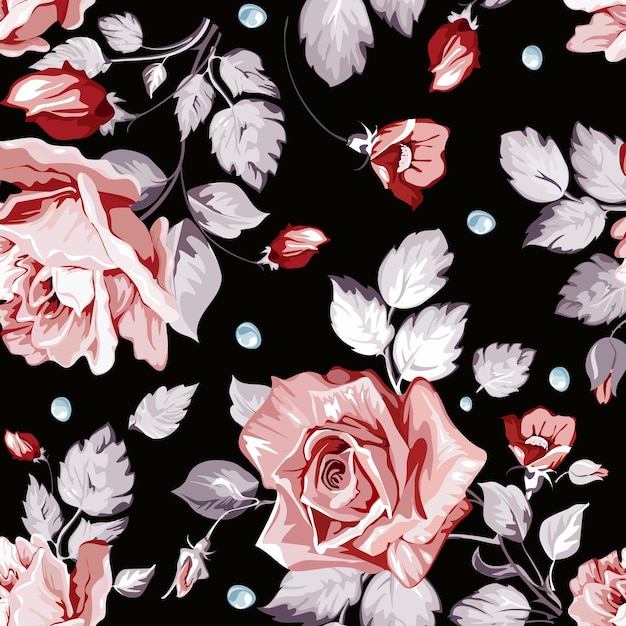 Acuarela flores rosadas fondo negro patrón sin costuras vectorial