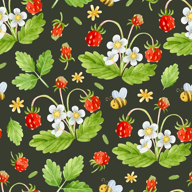 Acuarela fresas silvestres con flores y hojas y abejas en fondo oscuro