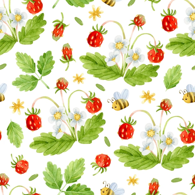 Acuarela fresas silvestres con flores y hojas y abejas