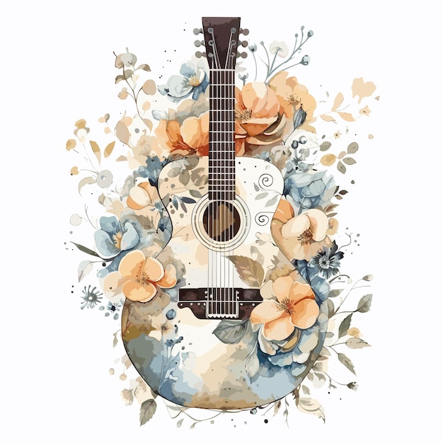acuarela guitarra en flor floral