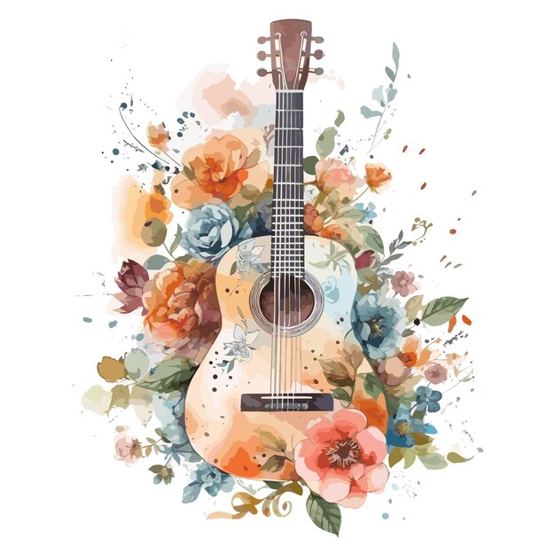 acuarela guitarra en flor floral