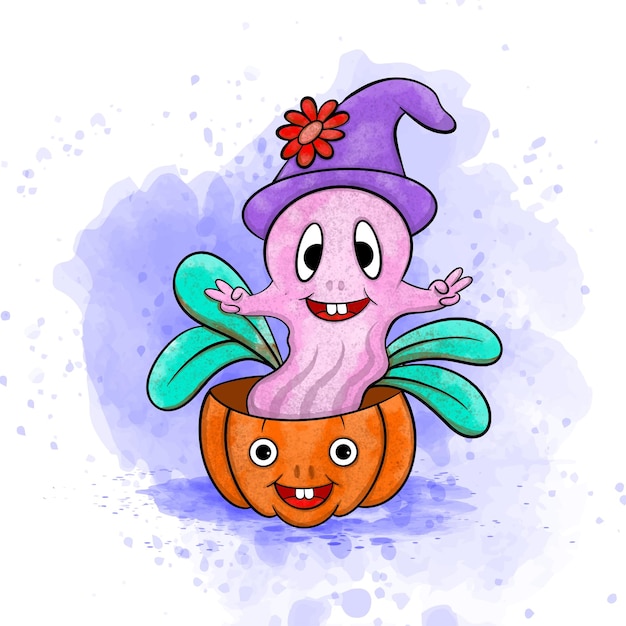 Vector acuarela halloween de lindo fantasma y calabaza vector ilustración