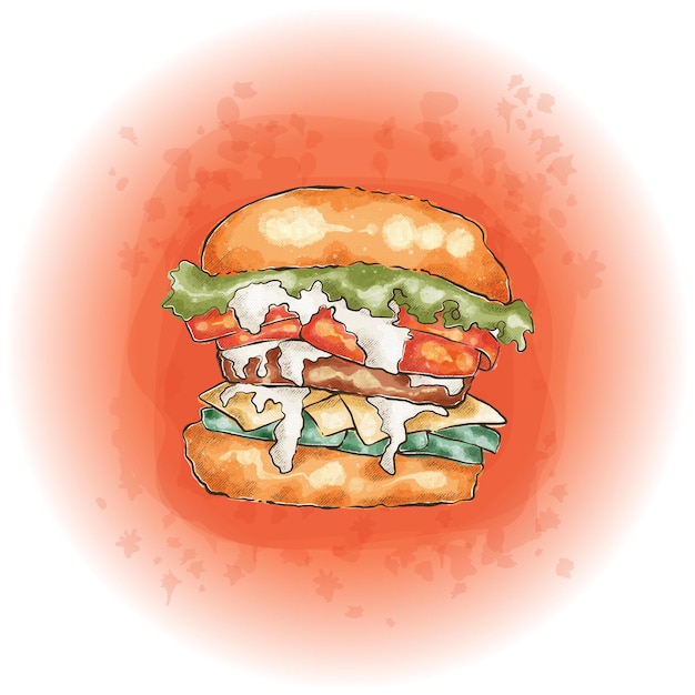 Acuarela Hamburguesa con Carne Queso Lechuga y Tomates Gráficos 07