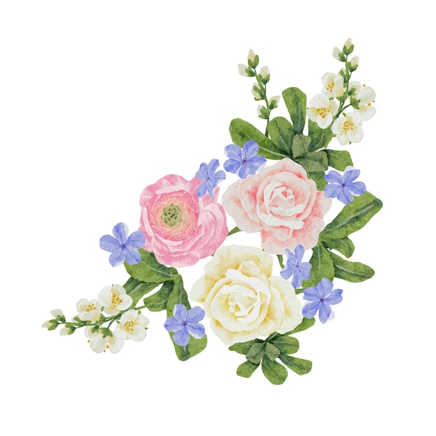 Acuarela hermosa rosa y blanca rosa ranunculus y azul Plumbago auriculata planta flor ramo clipart pintura digital