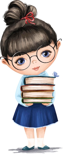 Acuarela ilustración clipart chica con libros lindo personaje, estudiante, infantil, niño,