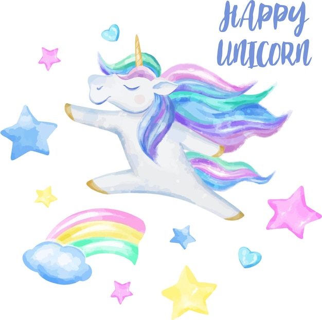 Vector acuarela ilustración clipart unicornio lindo tierno personaje infantil