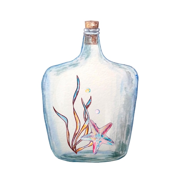 Acuarela ilustración colorida de la vida submarina en una botella de vidrio