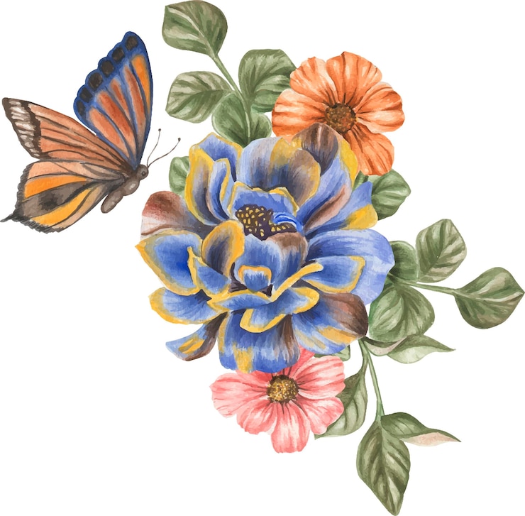 Vector acuarela ilustración composición flores y mariposas