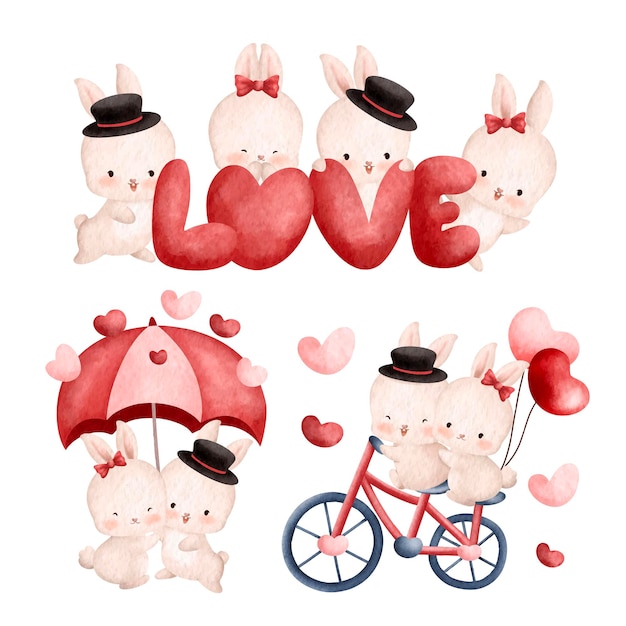Acuarela ilustración conjunto de linda pareja conejo