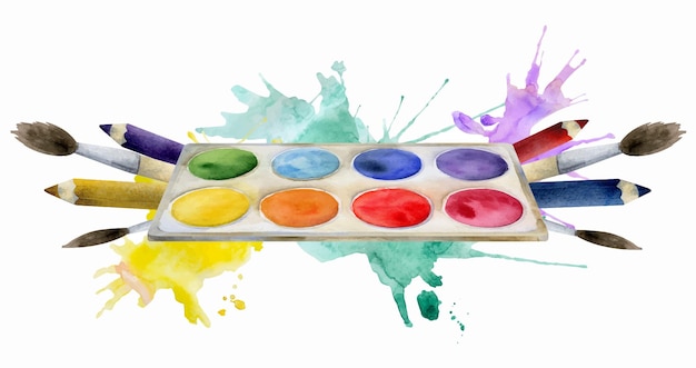 Acuarela ilustración dibujada a mano niños niños materiales de arte suministros paleta de pintura lápices de color pinceles salpicaduras composición aislada en blanco Para la escuela jardín de infantes tarjetas de fiesta sitio web