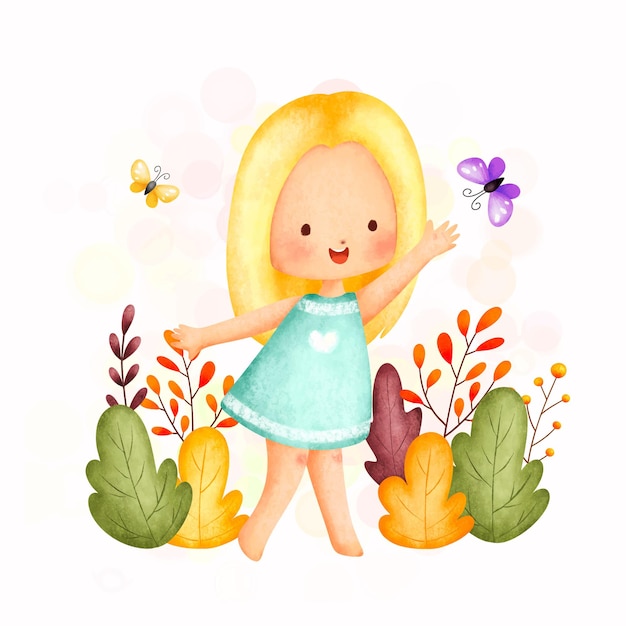 Acuarela ilustración linda chica en el jardín con mariposa y hojas de otoño