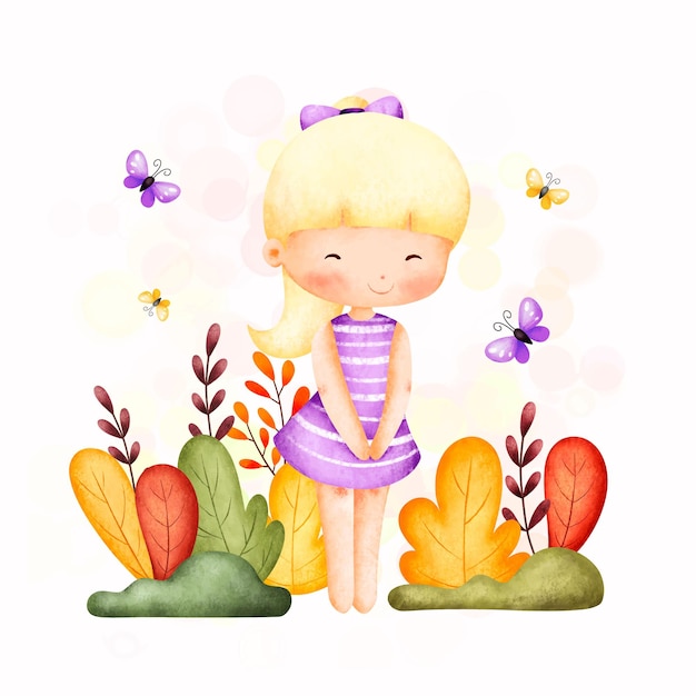 Acuarela ilustración linda chica en el jardín con mariposa y hojas de otoño