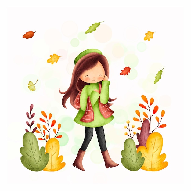 Vector acuarela ilustración linda chica en traje de otoño y hojas que caen