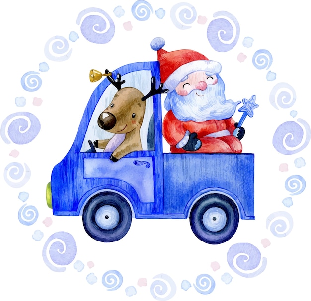 Acuarela ilustración de navidad de invierno de santa claus con ciervos en coche azul