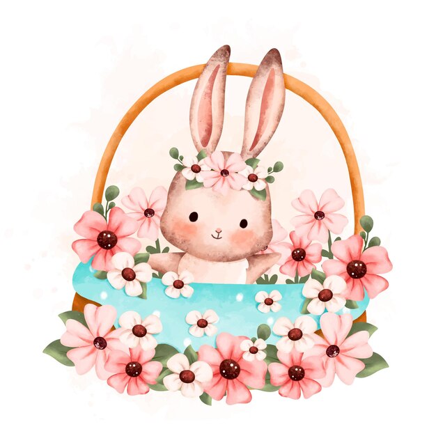 Acuarela ilustración primavera conejo y flor en cesta
