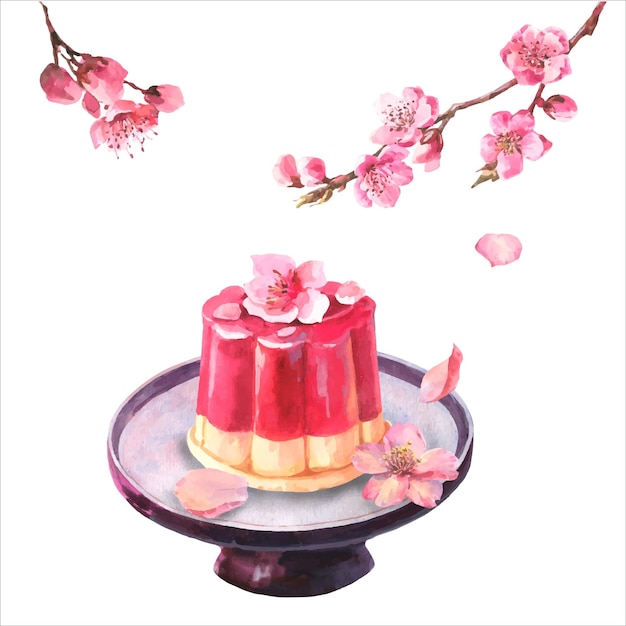 Acuarela japón dulce, sakura en gelatina sobre plato de cerámica y con rama de sakura.