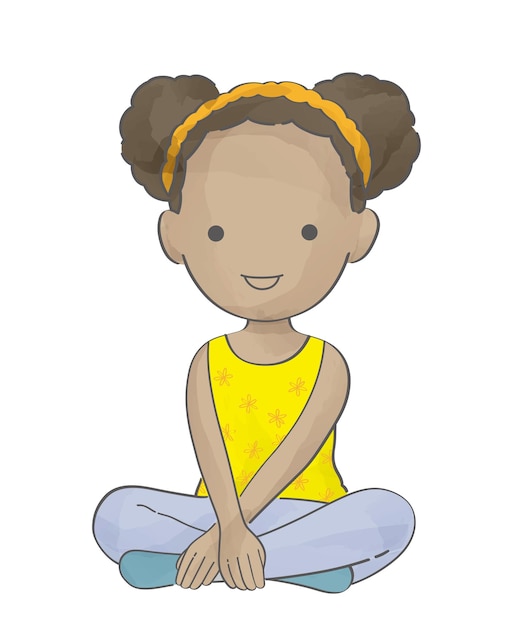 Acuarela Linda Chica Sentada En Un Piso Ilustración Vectorial Aislada En Un Fondo Blanco