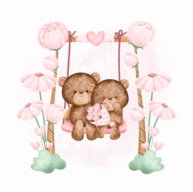 Vector acuarela linda pareja oso jugando columpio en el jardín de flores