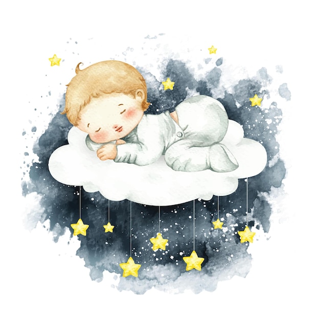 Acuarela lindo bebé duerme en la nube