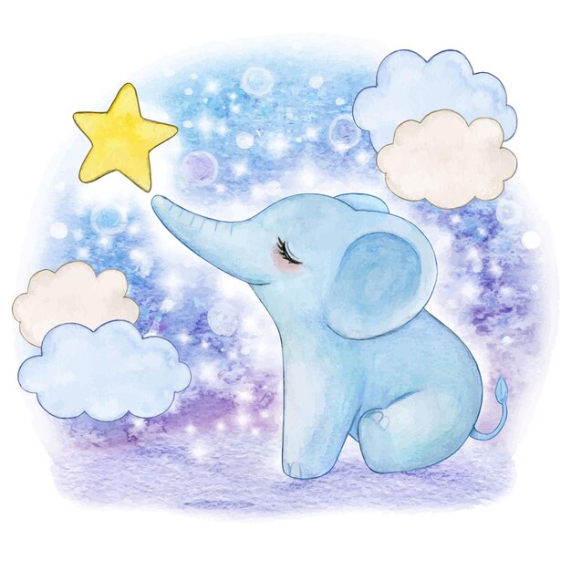 acuarela lindo bebé elefante con nubes y estrellas