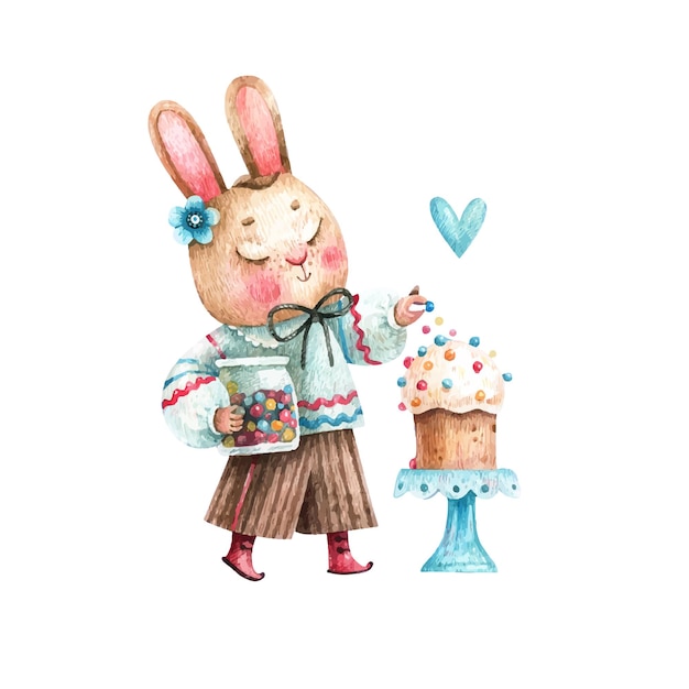 Acuarela de lindo conejo de Pascua con pasteles