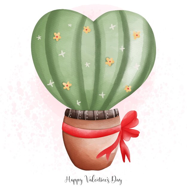 Vector acuarela lindo corazón cactus en maceta cactus of love valentine elemento