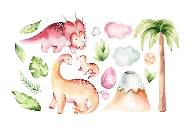 Acuarela lindo dino Dinosaurios Set Dibujado a mano Baby shower invitación niños fiesta jurásica dibujos animados