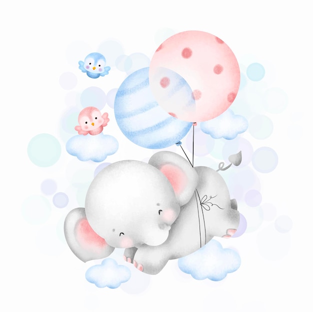 Acuarela lindo elefante volando con globo