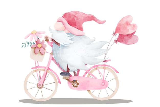 Acuarela lindo gnomo de san valentín con bicicleta rosa