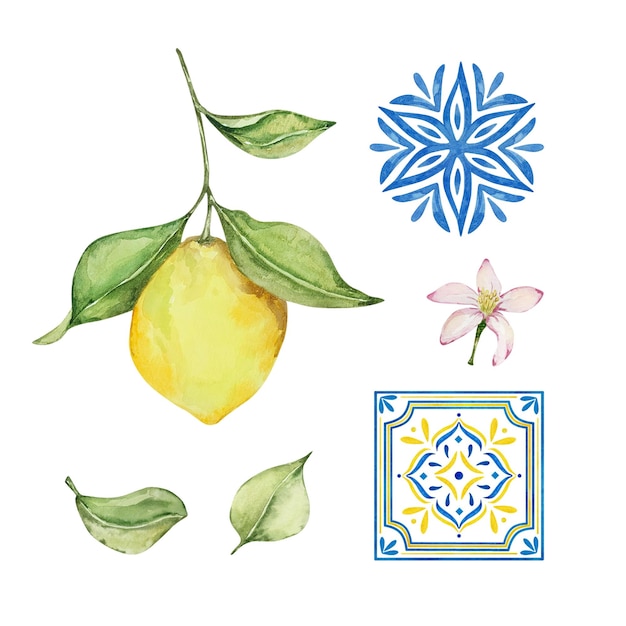 Acuarela mediterránea conjunto jugosos limones hojas flores azulejos italianos ilustración para diseño