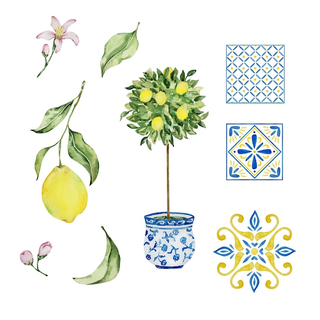 Acuarela mediterránea conjunto jugosos limones hojas flores azulejos italianos