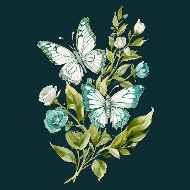 acuarela moderna de color verde turquesa, flor blanca y diseño de mariposa